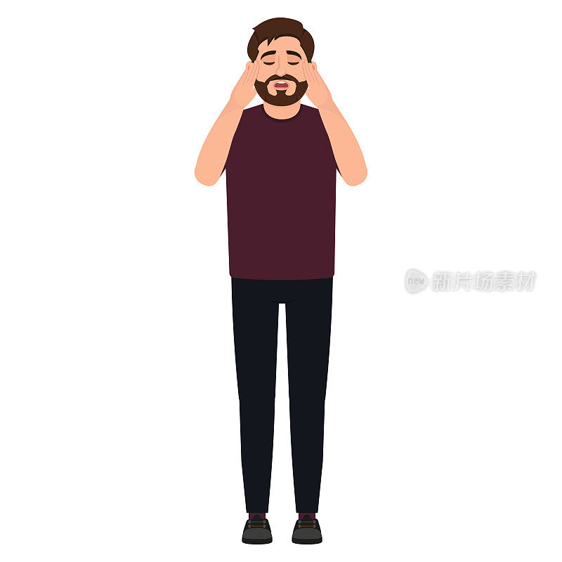 Bearded man holds hands on temples of head, headache, guy suffers from migraine, cartoon character vector illustration